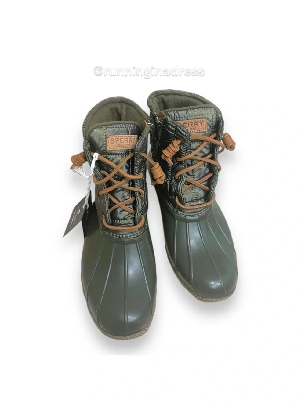 NWT Sperry Saltwater All-Weather Rain Boots Dark Olive Quilted - 8.5